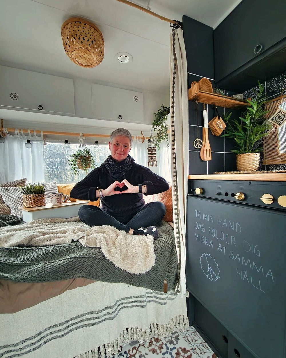 Cozy caravan interior styled with Folkness bedding