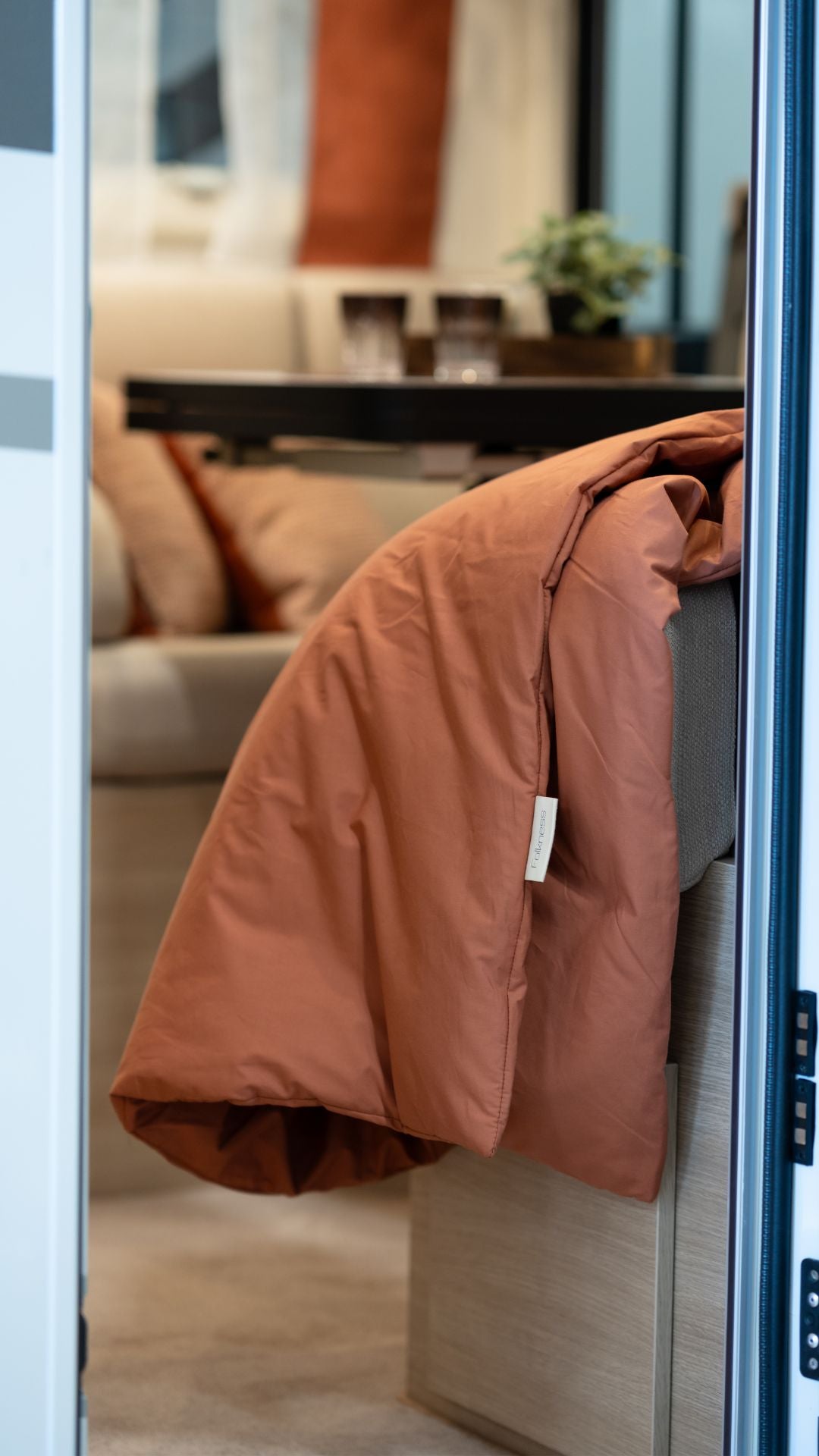 Folkness integrated duvet cover in a Scandinavian motorhome bedroom